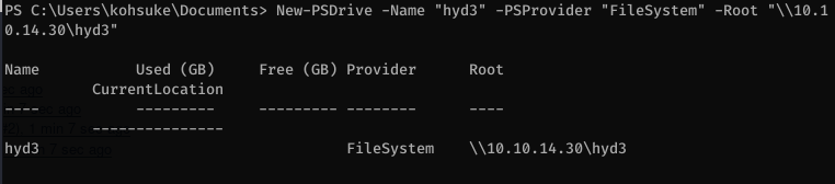Ips C. 
• New-PSDrive -Name 
0.14. 
Name 
hyd3 
"hyd3" 
-PSProvider 
"FileSystem" 
-Root 
3Ø\hyd3" 
Used (GB) 
CurrentLocation 
Free (GB) Provider 
FileSystem 
Root 
